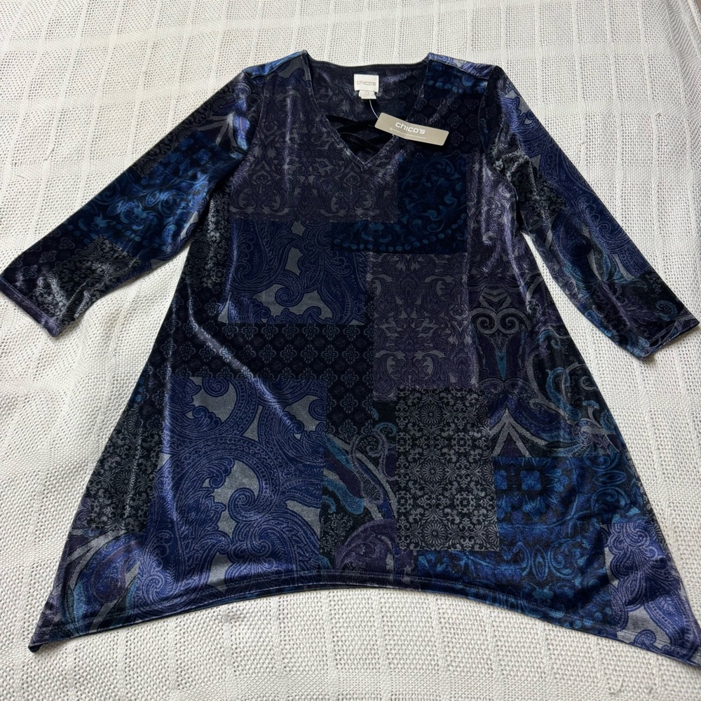 Chico's Floral Lace-Up Velvet Top in Blue and Black size 0